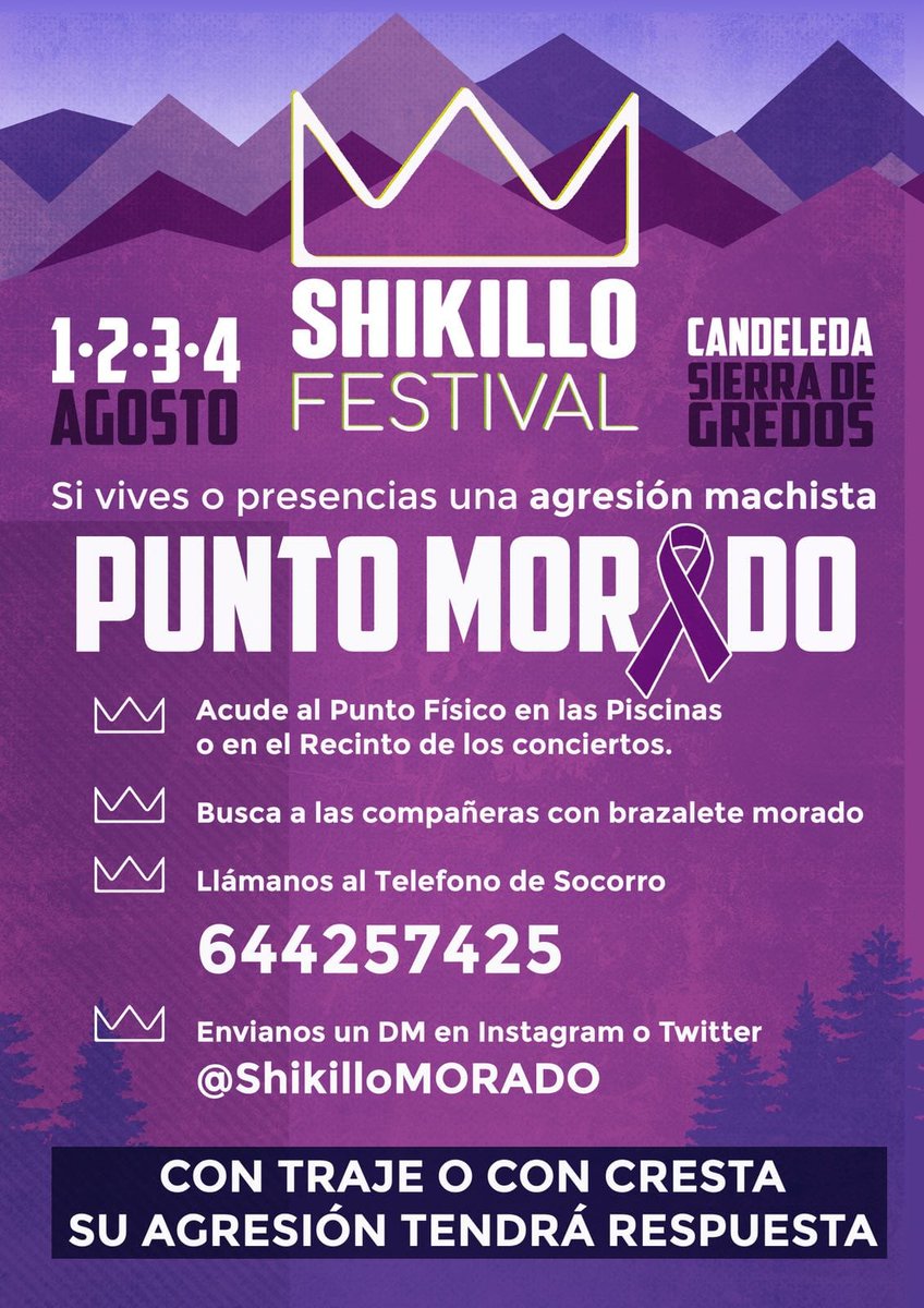 tietarteve's tweet photo. Shikillo Festival de #Candeleda habilita un Punto Morado para denunciar agresiones machistas: Acude al punto físico. Busca a las compañeras con brazalete morado. Llama al teléfono de socorro 644.257.425. Envía un Mensaje Directo en Instagram o en Twitter a @ShikilloMORADO. https://t.co/owmpGIftgu