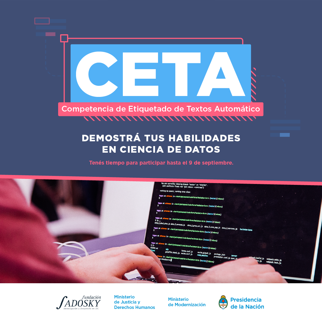 datosgobar's tweet photo. Si te gusta la ciencia de datos y querés poner a prueba tus habilidades, sumate a etiquetar textos legales de nuestro país en el #DesafíoCETA. Conocé más en https://t.co/aHdhHIPQi8. | @funsadosky @jusgobar https://t.co/m1J0trBTRJ
