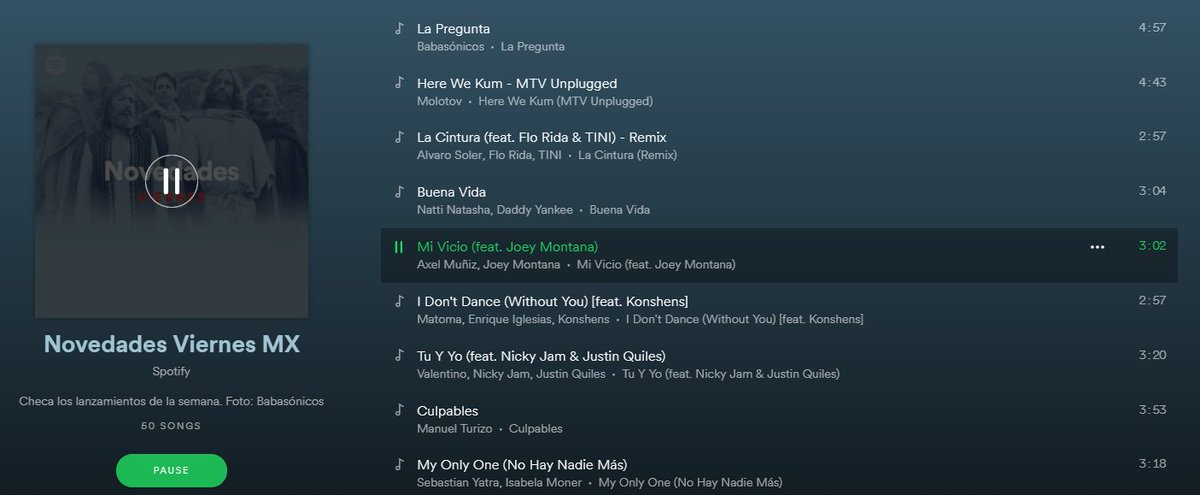 HOY <a href="/AxelMuniz_Music/">Axel Muñiz</a>  con <a href="/JoeyMontanaT/">Joey Montana</a> EN "NOVEDADES VIERNES" DE SPOTIFY ARRIBA DE ENRIQUE IGLESIAS, NICKY JAM, TURIZO, YATRA Y MUCHOS MÁS!!! #MiVicio 
EXCELENTE TRABAJO <a href="/cervante5/">C</a>