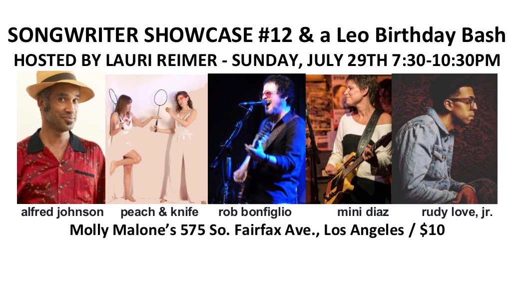 Lauri Reimer (@4lionita) on Twitter photo Join the Leo Party / Songwriter Showcase #12 with Alfred Johnson, <a href="/Peachandknife/">Peach & Knife</a> (<a href="/elenainn/">Elena Degl'Innocenti</a> & Molly White), <a href="/Rob_Bonfiglio/">Rob Bonfiglio</a>, Mini Diaz with <a href="/ToshiYanagi/">Toshi Yanagi</a> & <a href="/RudyLoveJr/">Rudy Love Jr.</a> hosted by Lauri Reimer <a href="/4lionita/">Lauri Reimer</a> at Molly Malone's <a href="/MollyMalonesLA/">Molly Malone's LA</a> this Sunday, July 29th, 7:30pm. Join the Leo Party / Songwriter Showcase #12 with Alfred Johnson, <a href="/Peachandknife/">Peach & Knife</a> (<a href="/elenainn/">Elena Degl'Innocenti</a> & Molly White), <a href="/Rob_Bonfiglio/">Rob Bonfiglio</a>, Mini Diaz with <a href="/ToshiYanagi/">Toshi Yanagi</a> & <a href="/RudyLoveJr/">Rudy Love Jr.</a> hosted by Lauri Reimer <a href="/4lionita/">Lauri Reimer</a> at Molly Malone's <a href="/MollyMalonesLA/">Molly Malone's LA</a> this Sunday, July 29th, 7:30pm.