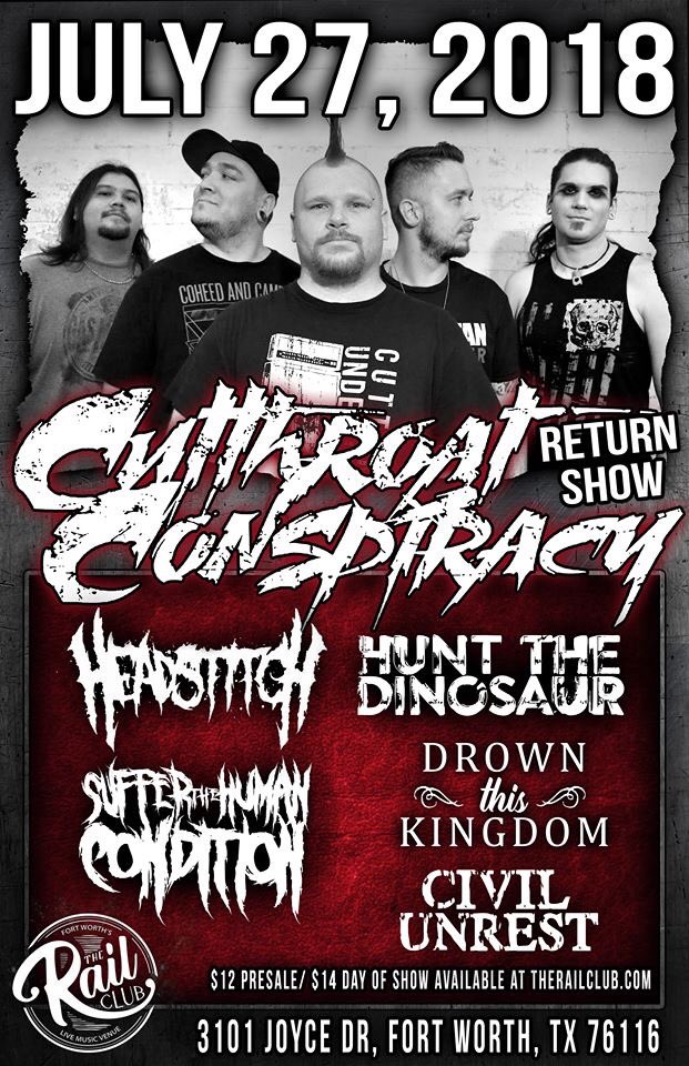 Tonight: <a href="/cutthroatcontx/">Cutthroat Conspiracy</a> Reunion Show with  Headstitch, @HuntTheDinosaur, Suffer The Human Condition, Civil Unrest, Drown This Kingdom at @therailclub!