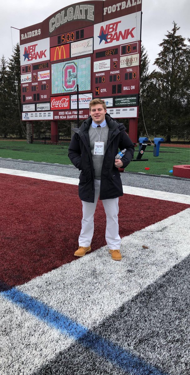 WKolman38's tweet photo. Very proud to announce that I have received my first division one offer from Colgate University. Thank you @Coach_Dunlay and the @ColgateFootball staff for the incredible opportunity #gogate @JKsmooth22 https://t.co/eiSd5RFhE3