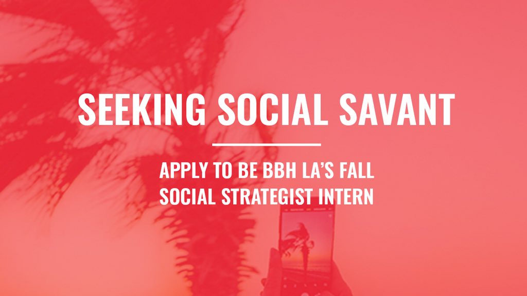 BBHblacksheep's tweet image. Our LA office is looking for a social strategy intern to start this September and knows what's 🔥 in tech &amp;amp; pop culture.
Send your resume + links to projects you’re proud of to careersla@bbh-usa.com. Tell us why you'd be a good fit for at BBH LA and what's special about you!