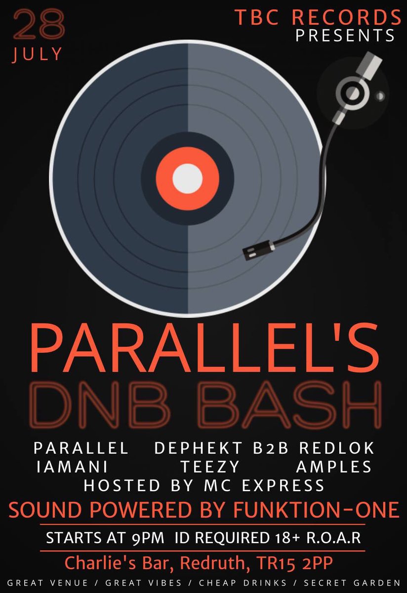 TBC Records (@recordstbc) on Twitter photo Tomorrow night get on down to Charlie's Bar for a night of the finest DNB from the best in the south west! Larger than life Funktion-One sound system!
Doors open at 7PM
Music starts at 9PM
18+
<a href="/CarolBennett4/">Carol Bennett</a> @DephektDNB #dnb #freeentry Tomorrow night get on down to Charlie's Bar for a night of the finest DNB from the best in the south west! Larger than life Funktion-One sound system!
Doors open at 7PM
Music starts at 9PM
18+
<a href="/CarolBennett4/">Carol Bennett</a> @DephektDNB #dnb #freeentry