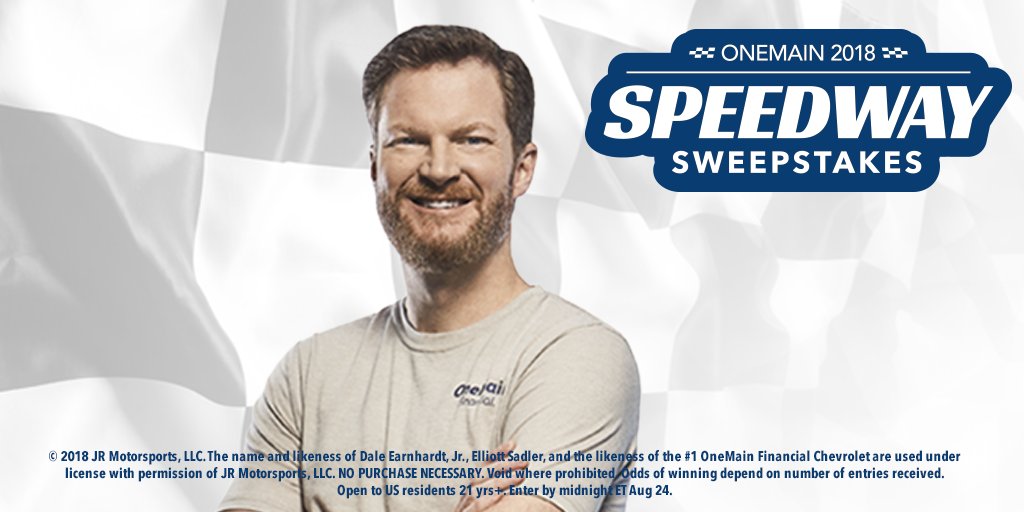 OneMain's tweet photo. Want to take a VIP seat next to #DaleJr and ride around @CLTMotorSpdwy? Here's how you can enter to win this once-in-a-lifetime #NASCAR experience: https://t.co/QIfAVkl7L7 #SpeedwaySweepstakes. https://t.co/5ZoA2LOiAY