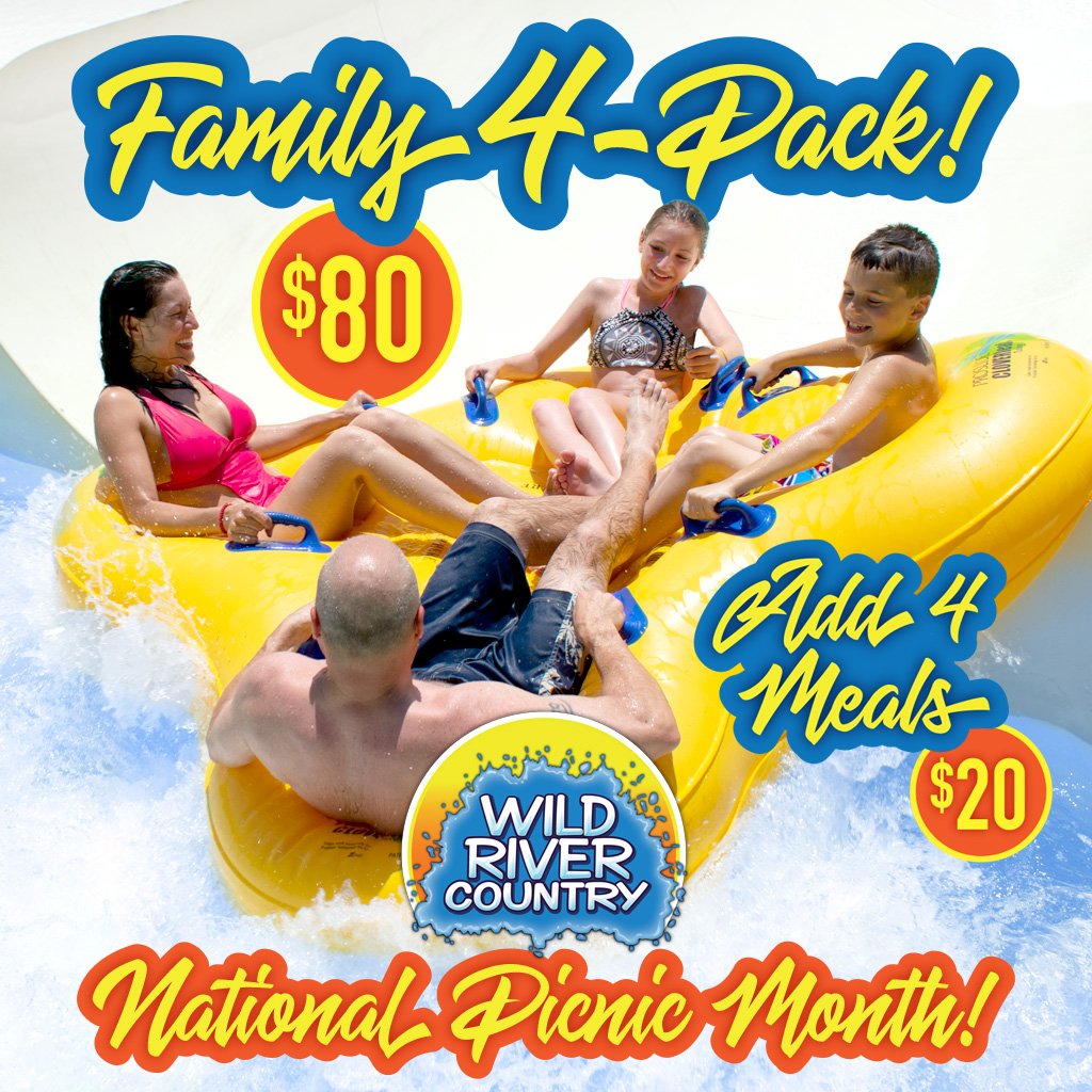 Celebrate #nationalpicnicmonth with us! This Sunday (July 29th from 12 pm-7 pm), you can get 4 tickets to Wild River Country for $80 and add on four meal vouchers with drinks for only $20.  Must ask for this special to get the deal. We'll see you there!