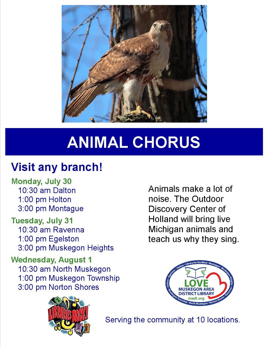 The final week of Summer Reading Club is next week!
ANIMAL CHORUS
Animals make a lot of noise. The Outdoor Discovery Center of Holland will bring live Michigan animals and teach us why they sing.
buff.ly/2kwdzrG