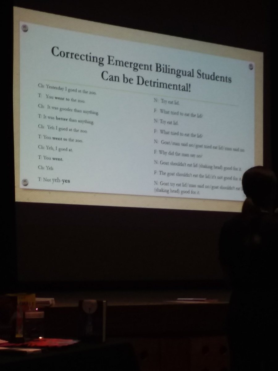 tomlittogether's tweet image. @EnidMartinez Focusing on correcting grammar of #emergentbilinguals (left column) reduces their language. Focusing on meaning (right) grows it. #parsum18 @Paramus_Schools @HeinemannPub #littogether