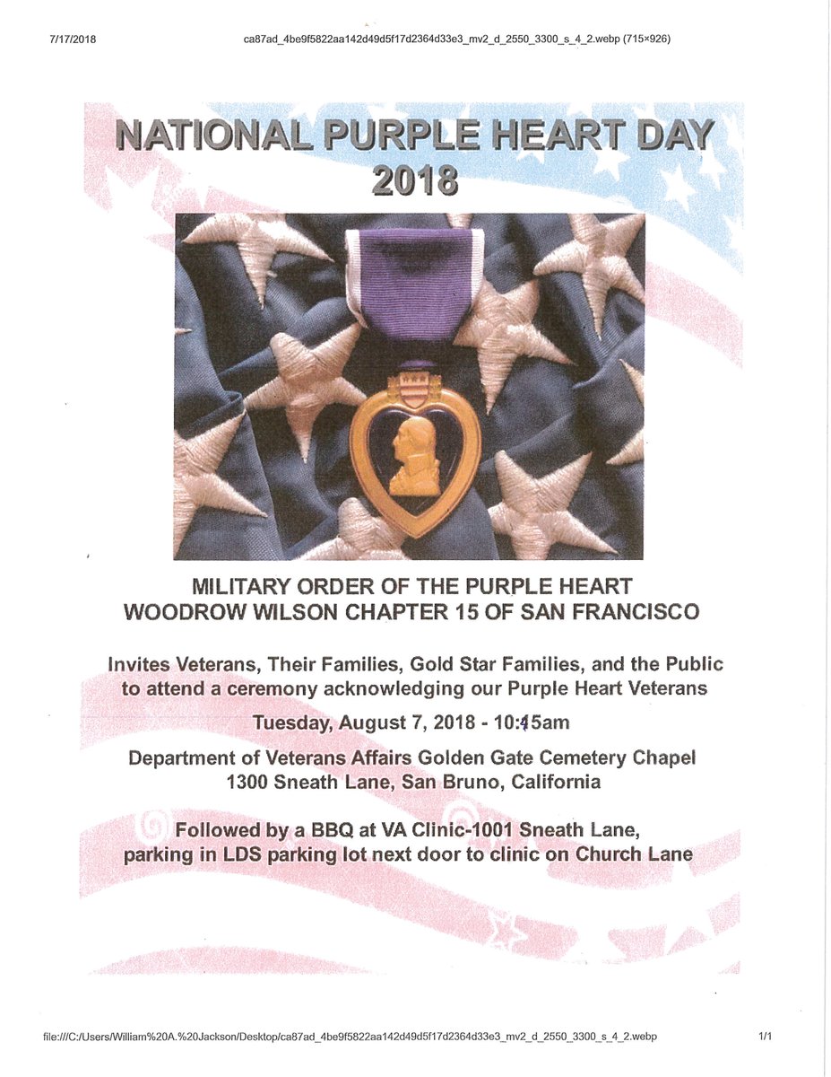 warrenslocum's tweet image. Tuesday, August 7 is #NationalPurpleHeartDay –#Veterans, #GoldStar families and the public are invited to a ceremony at the Golden Gate National Cemetery Chapel and BBQ to follow. @SMCHSA @MyCalVet @aleman_norman @AmericanLegion @USWomenVeterans