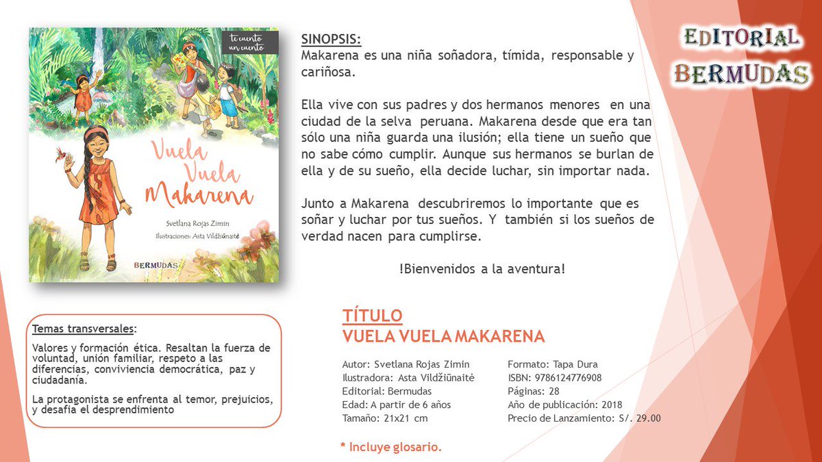 EditorBermudas's tweet photo. NOVEDAD @FilLima2018 [LIBRO] #VUELAVUELAMAKARENA 
Encuéntralo a precio de Lanzamiento en @Inca_dist @EstacionLc @FCEenPeru @AureaEdiciones1 #BooksCo #LaIndependiente #EdicionesAltazor #ElVirreyDeLima #DistribuidoraMundoCultural 

#TeCuentoUnCuento #Maka #CuentoPeruano https://t.co/rU3ocPXILO