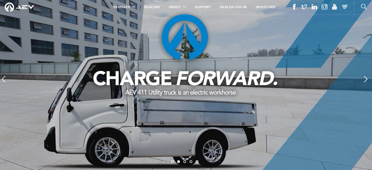 _austinelectric's tweet photo. The new #AEV website just went live! https://t.co/yYRGMpAoq5
New look/content/functionality incl. #ecommerce. Buy an #electric #AEV411 #Utility truck & pre-order #AEV311 #Commuter #3wheeler & #AEV511 #4x4 truck.
#AEVTechnologies #AEVGo #ChargeForward #ElectricFleetSolutions https://t.co/Qm7H77m2gG
