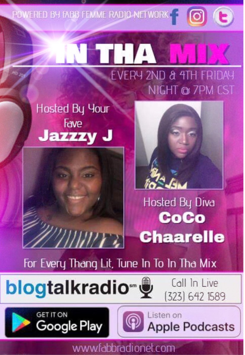 Cocodiva226's tweet photo. Tune in next week A Play for Everyday! Your Hosts Jazzzy J & CoCo Charelle are keeping you in the loop with the hottest topics, latest news, and PARTY MOVES! Check them out every other FRIDAY NIGHT 7PM cst On In Tha Mix!!! #BossLady #podcast #bosschics #radioshow #blogtalkradio https://t.co/5x2ID3Q1ia