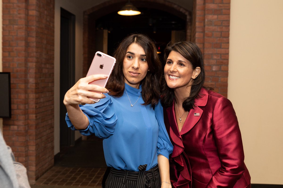 AmbNikkiHaley's tweet photo. RT @USUN Always inspiring to spend time w Nadia Murad. Not only did she survive being kidnapped &amp; held captive by ISIS, but by using the power of her voice &amp; telling her story she’s making a difference &amp; fighting back against their brutality. She’s 1 of the bravest women we know. https://t.co/cUxsI9AKAf