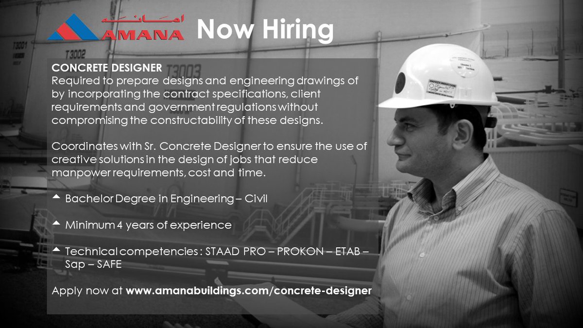 We are #hiring! A university graduate #ConcreteDesigner with 4 yrs of experience and knowledgeable in STAAD PRO, PROKON, ETAB, Sap, and, SAFE. The vacancy is located in the #UAE.
Interested? Submit your CV at amanabuildings.com/concrete-desig…
#AmanaContracting
#AmanaHiring
#AmanaVacancies