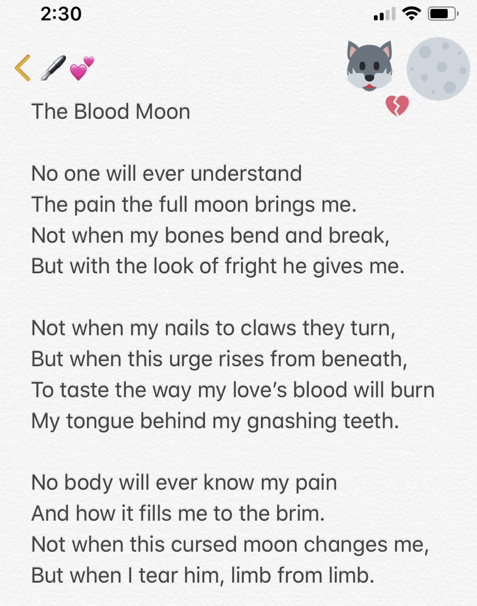 MissLauraElena's tweet image. I’ve been watching too many werewolf horror movies, and because I’m hella sad that we won’t be able to see the blood moon from here, I had to let my sadness out through a poem. #HappyEclipse #FullMoonPoetry #BloodMoon #Werewolf