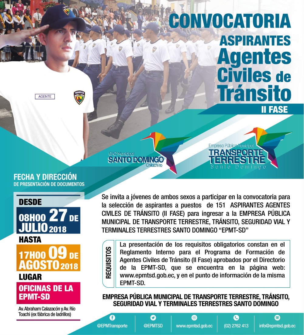 EPMTSD's tweet photo. Requisitos de la CONVOCATORIA ASPIRANTES AGENTES CIVILES DE TRÁNSITO (II FASE) en las instalaciones de la EPMT-SD debido a la saturación del sitio web https://t.co/bcsM1VubLc ocasionado por el mismo proceso.
#SantoDomingoLaCiudadQueQuiero https://t.co/YacrGhmbIp