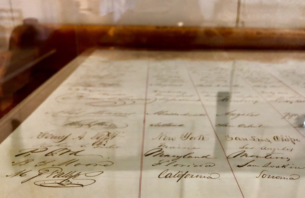 SupervisorAlejo's tweet photo. At #ColtonHall where CA #ConstitutionalConvention took place in #Monterey in 1848, the original signatures of all 48 delegates are on display! CA Constitution was IN SPANISH &ENGLISH! Here’s the original signatures of #MarianoVallejo (City of Vallejo)& #JohnSutter (Sutter’s Fort) https://t.co/AgPNoGufZp