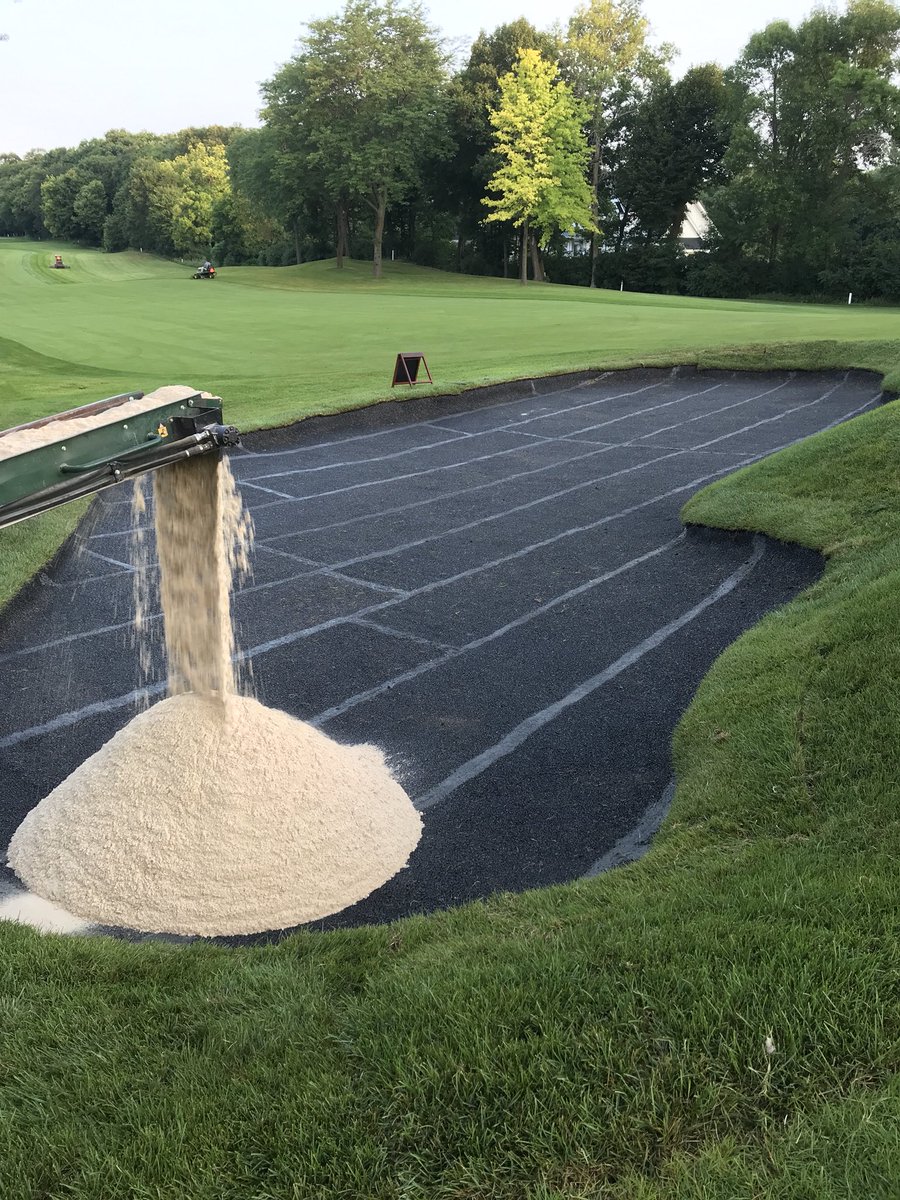 WCCGroundsDept's tweet image. Sand going into green side bunker on 3 with Polylast liner. One of the last bunkers on the course to have new sand installed.