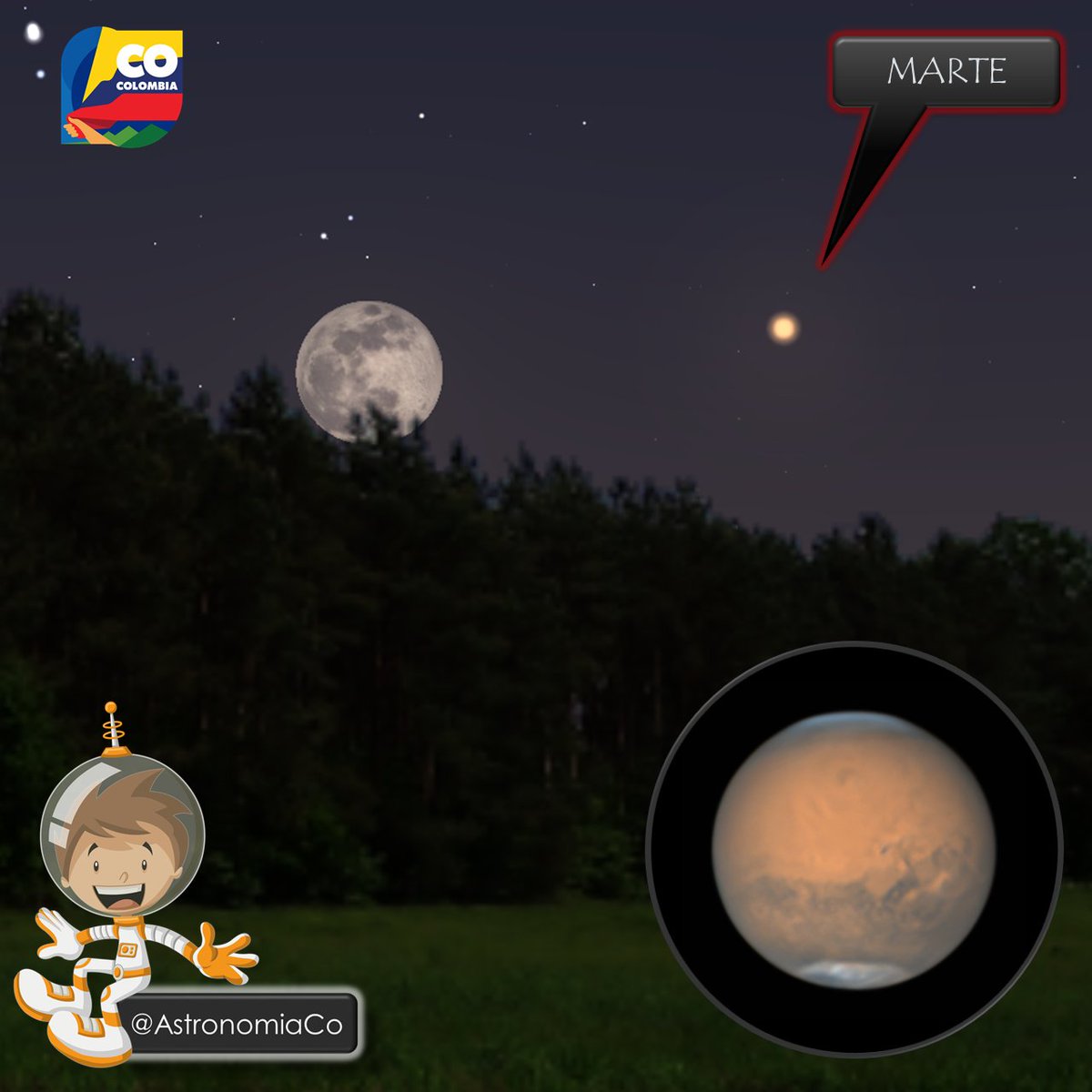 AstronomiaCo's tweet photo. No te pierdas esta #Noche: La #LunaLlena junto a #Marte 🌕

Después de las 7pm podrás verlos saliendo por el Este. Marte se verá como una estrella muy roja y brillante

Esta noche también serán visibles #Venus #Júpiter y #Saturno 

#Astronomía #Colombia #Luna #Cielo #EclipseLunar https://t.co/BSagvUgDlz