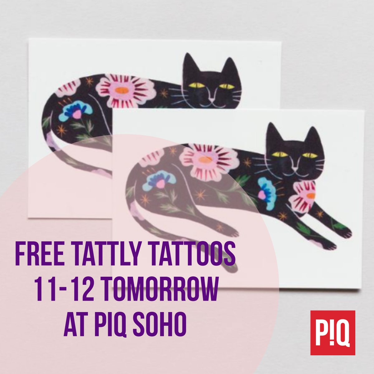 Tattly is celebrating the PIQ SoHo opening with a free temporary tattoo parlor tomorrow Saturday 7/28 11-12pm 420 Broadway! #tattly #temporarytattos #graphictattoos  #cattattoo #piqsoho #piqgifts