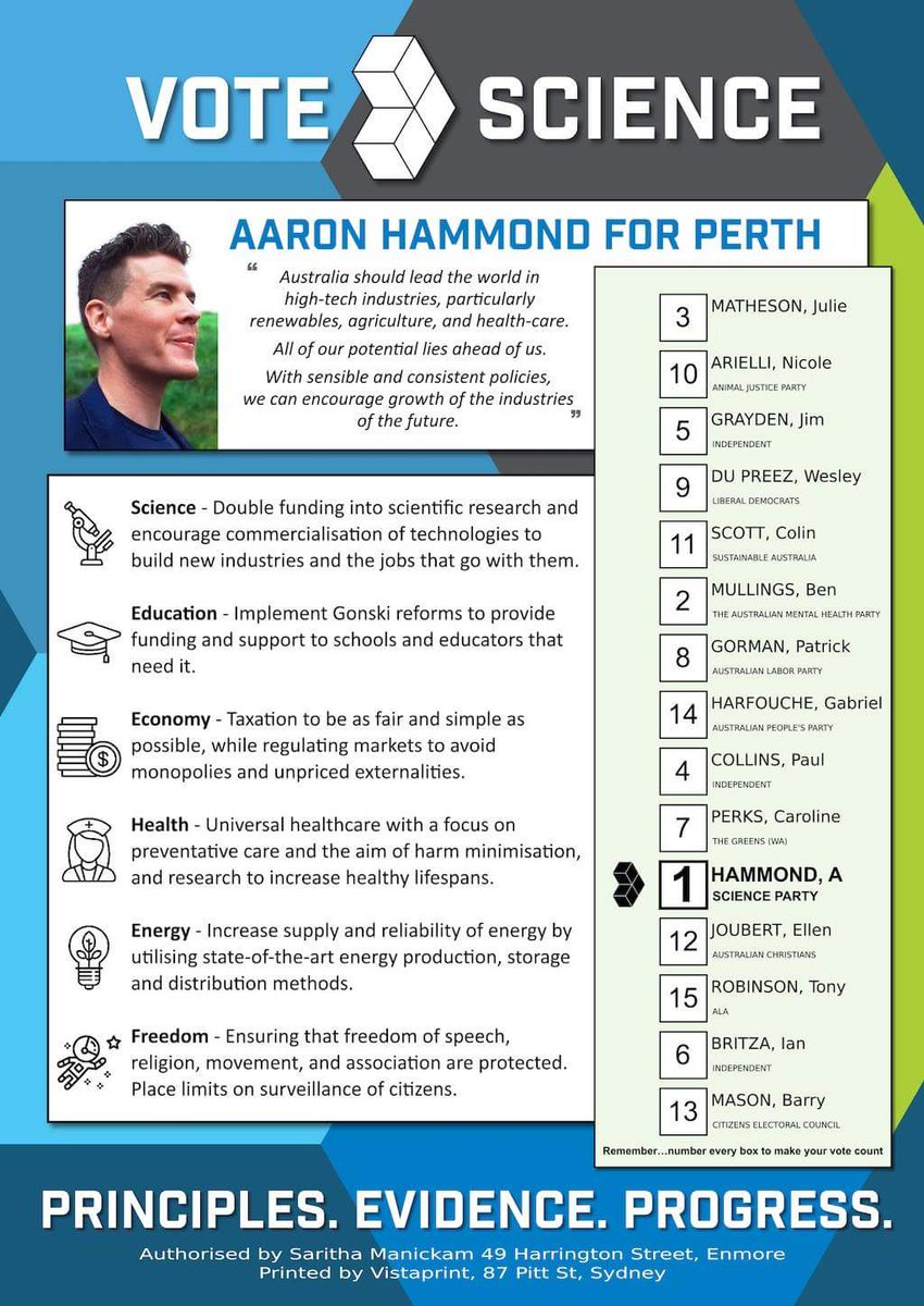 SciencePartyWA's tweet image. Today's the day! 📢

Vote for Aaron Hammond @AaronHammondSP in the electorate of #Perth. 🗳️

@SciencePartyAus stands for Principles, Evidence and Progress.
Will you stand with us? 💡

#votescience #auspol #wapol #supersaturday #perthvotes #scienceparty