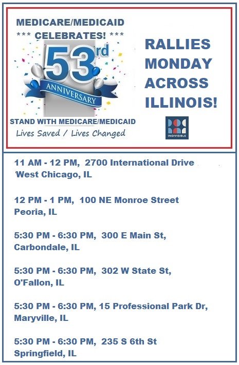 IndivMetroEast's tweet photo. Healthcare is a human right, join us as we celebrate 53 years of Medicare & Medicaid. We STAND firm - No Cuts. Join #Indivisible & allies outside select US Rep's offices #ProtectOurCare #IAmMedicaid #ILsaveACA @IndivCarbondale @IndivisibleIL @IndivisibleTeam @IndivisibleSPI https://t.co/8ziEo0rl2J