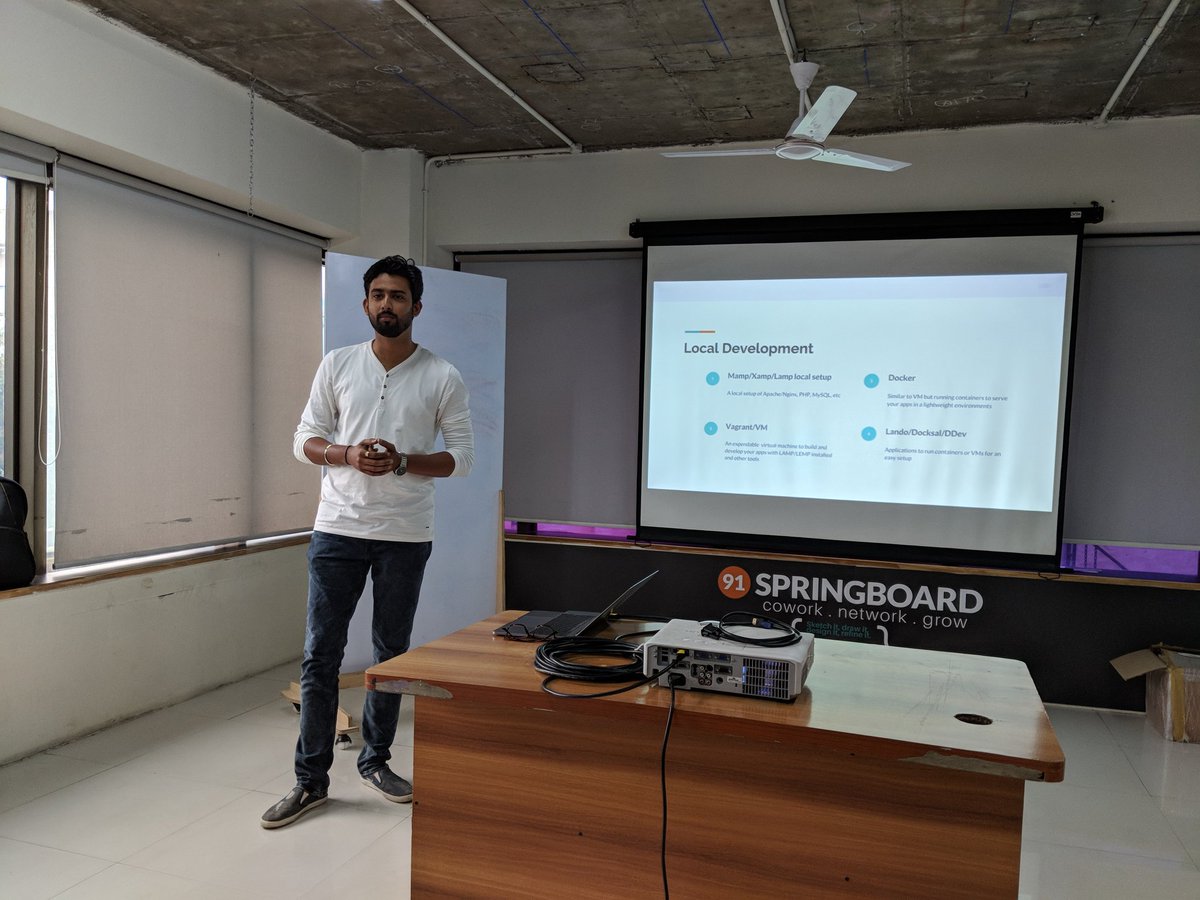 hussainweb's tweet photo. .@malavya88 talking about how local development environment choice affects development experience at @BangaloreDrupal #meetup. https://t.co/D2DGRYM3HT