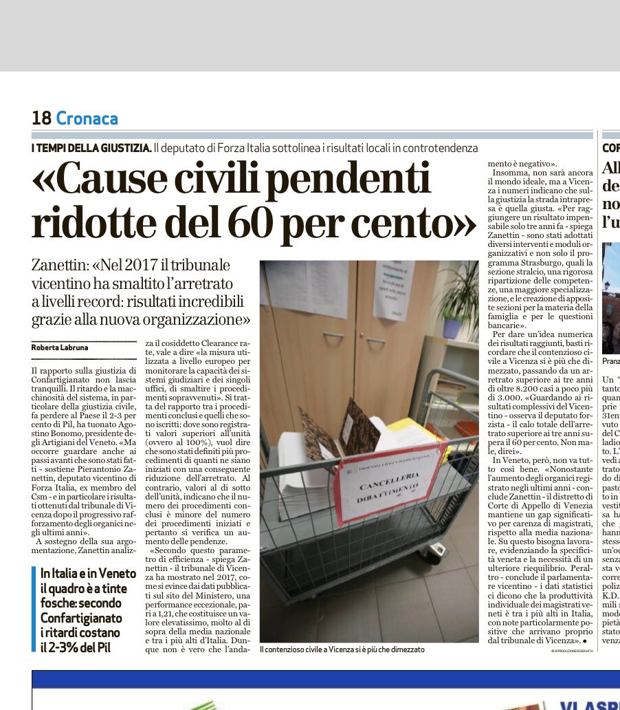 I dati ministeriali dimostrano che il Tribunale di Vicenza è tra i più efficienti d’Italia.