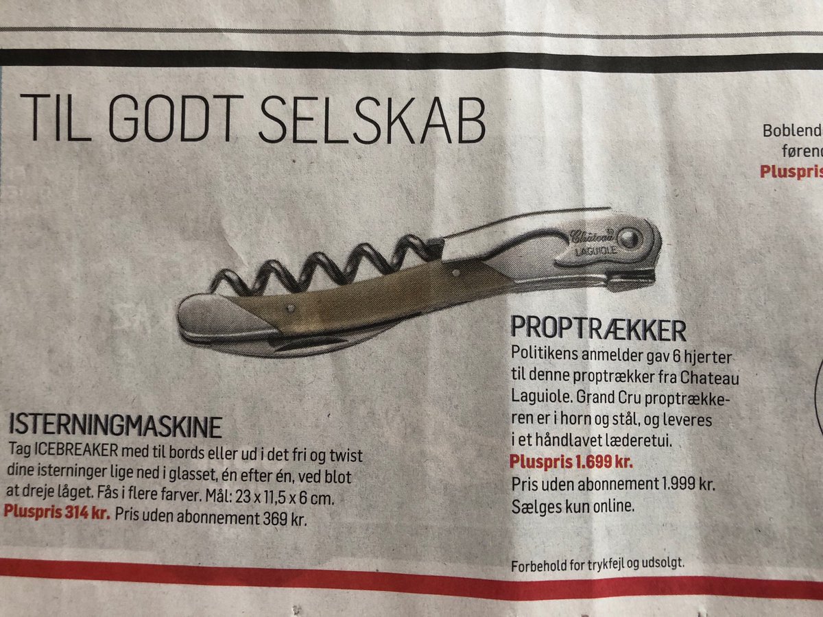 Politiken anmelder og sælger en proptrækker til 1699 kr. Til læsere, der har alt - for meget. #kulturradikale