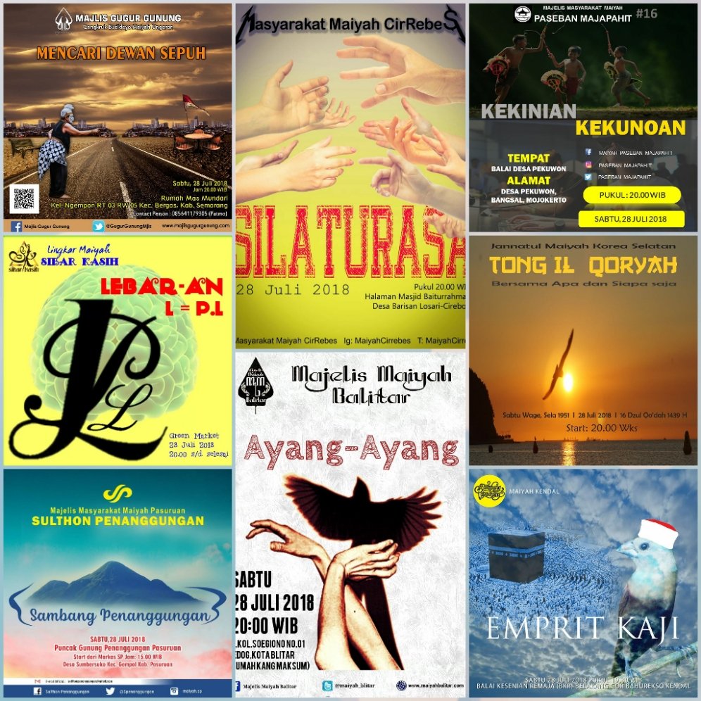 sabamaiya's tweet photo. Malam ini akan berlangsung 7 acara Maiyahan di 7 kota dan 1 negara, yaitu di Mojokerto #PMJuli, #Blitar
#MBJuli , Pasuruan #SulthonJuli, Ungaran #MGGJuli, Kendal #TPJuli, Cirebon Brebes #CirRebesJuli, Cikarang #SKJuli, Korea Selatan
#TQJuli https://t.co/uwJksQMwbf