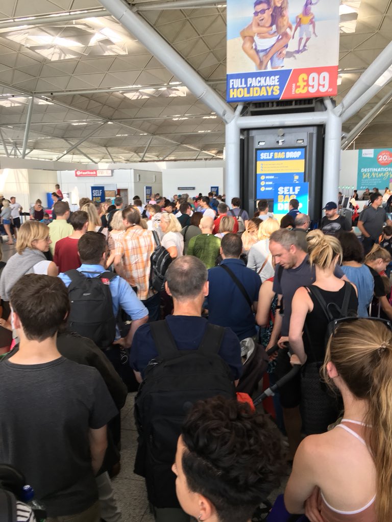 GoodWomanProd's tweet photo. #intotheunknown indeed.... we think it’s a queue but who can be sure. @edfringe we’re coming for ya!!! #StanstedAirport #SOS #doesanyoneworkhere https://t.co/xbRg3Mpeyv