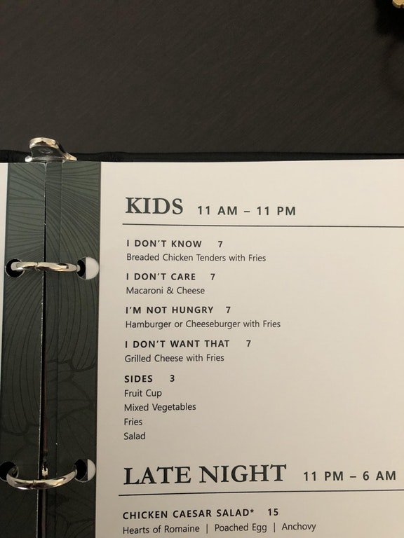 This kids menu at the hotel I'm staying at.