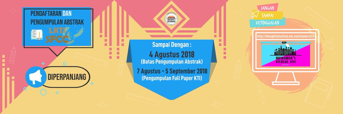 📣ATTENTION FOOD FIGHTERS📣
Ada kabar baik nih buat kalian!!

PENDAFTARAN SFCC HIMFEST 2018 DIPERPANJANG :
⏩ Pengumpulan Abstrak hingga 4 AGUSTUS 2018
⏩ Pengumpulan Full Paper 7 AGUSTUS hingga 5 SEPTEMBER 2018

Jangan sampai ketinggalan! Langsung klik :
himaghitafestival.wix.com/home/sfcc