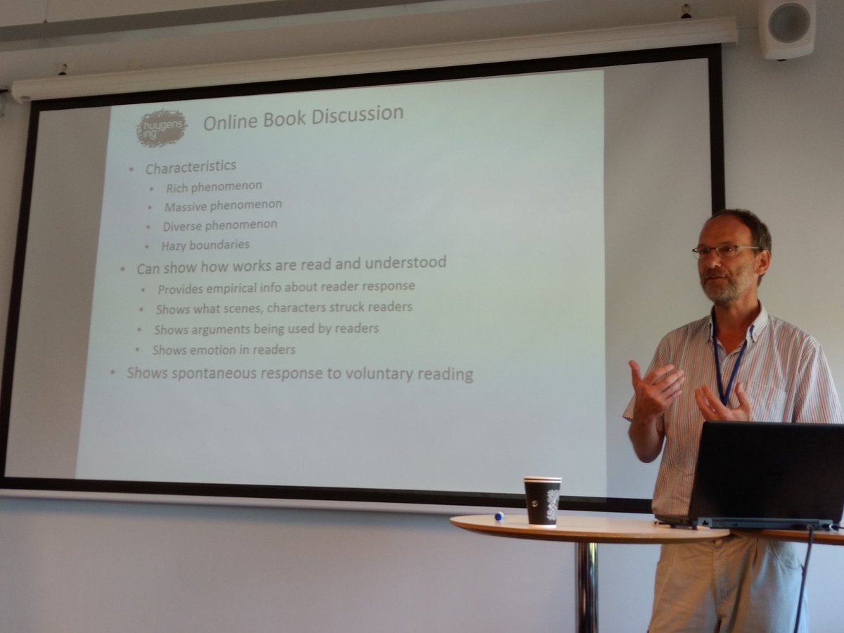 Jberenike's tweet photo. "DH scholars like to MAKE things" Peter Boot of @HuygensING sheds an interesting perspective on #dh corpus building practices. Enjoying his talk on "online readers' criteria for judging literature" very much #dhigel2018 #igel2018 #socialreading #digitallives https://t.co/cf0Ubx4zHZ