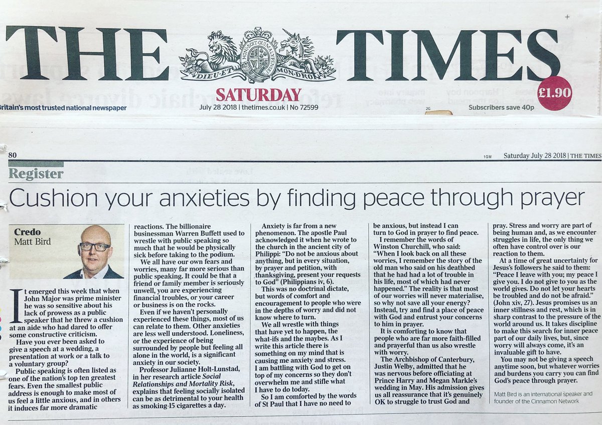 MattBirdGlobal's tweet photo. “I am battling with #God to get on top of my #concerns so they don’t overwhelm me and stifle what I have to do today... whatever #worries and #burdens you carry you can find God’s peace through #prayer” @thetimes #newspaper https://t.co/DtTpNBQQiU