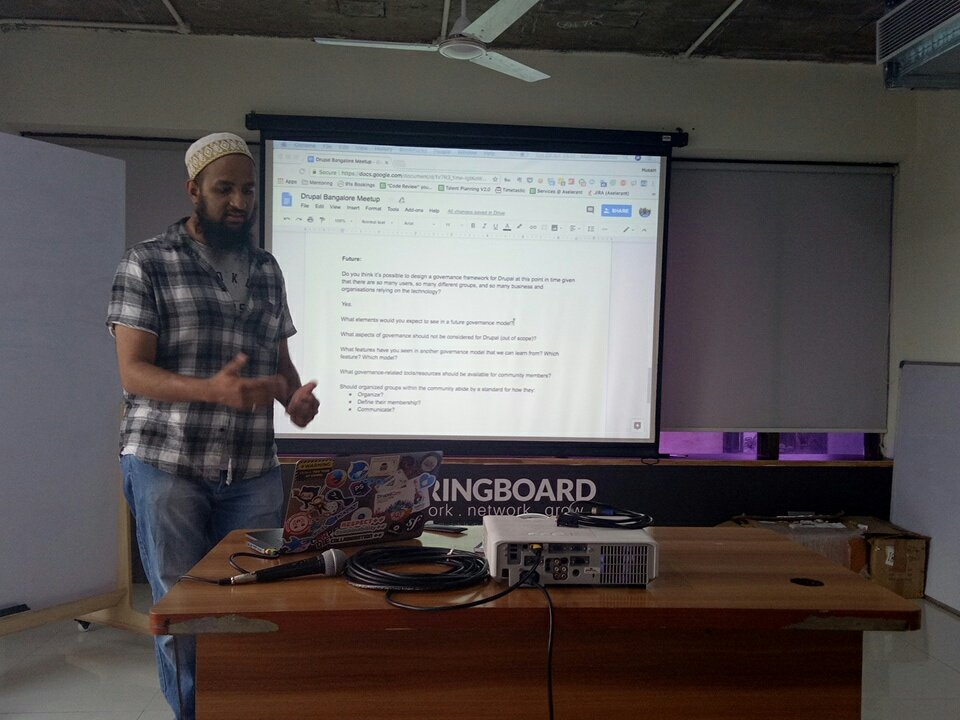 mashirulhaque2's tweet photo. Talls on #drupal governance by @hussainweb at @BangaloreDrupal  #July2018 #meetup https://t.co/fyEQ7mZrvu