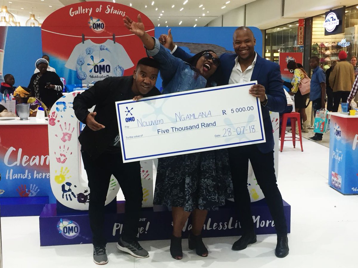 OMOSouthAfrica's tweet photo. A huge congratulations to Noluvuyo Ngamlana on winning R5000! If you missed @loyisomusic, join @DawnTKing tomorrow at Greenacres Shopping Centre, P.E between 11:30 AM and 1PM for some fun activities and pledge to #WashLessLiveMore https://t.co/2aW6MbaUGQ