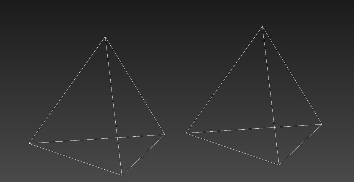 Fumizo Pinball Artist せっかくだから四角ポリゴン 信仰の説明しとくけど 最大の恩恵ってサブディビジョンサーフェスやる時だと思うんだよね つまりこういうデータ をサブディビジョンサーフェスする時 どっちも三角錐に見えるんだけどデータ構造的には