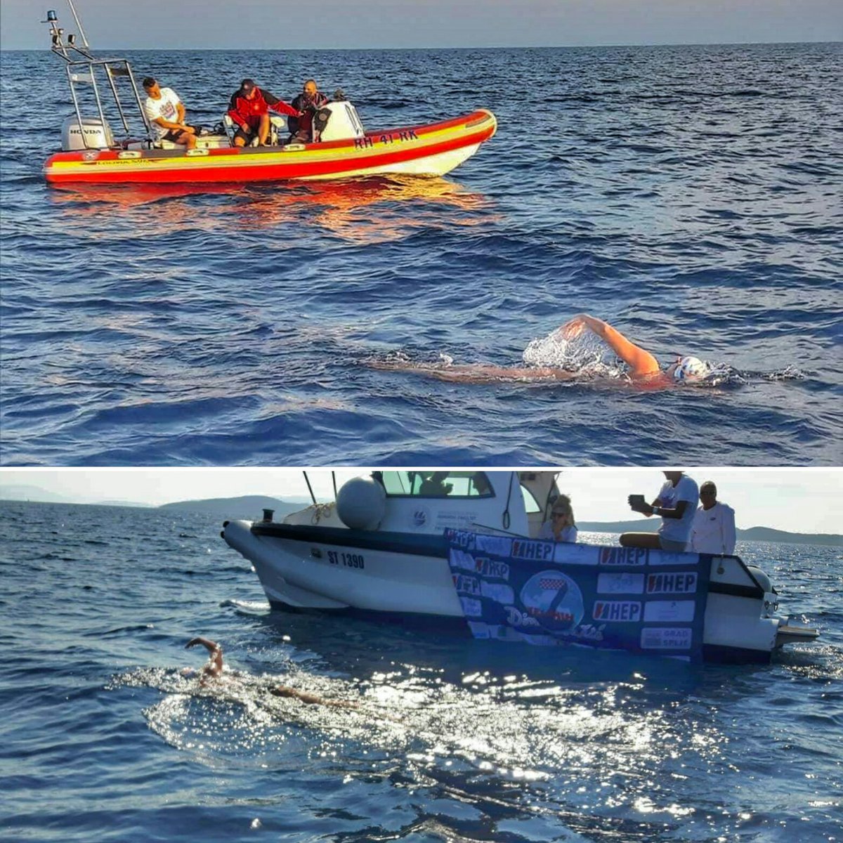 Dina Levačić pliva od Visa do Splita, (54 km). U moru je vec 6+ sati i prešla je 21 km. Putem je prati i o njoj se brine i posada #HGSS #Split.