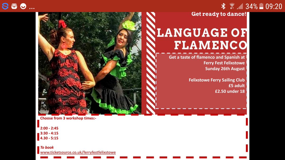 Hola our Ferry Fest Friends. Why not join us for a chance to experience the passion and excitement of the Spanish national dance at Ferry Fest Felixstowe 💃The Language of Flamenco - choose from 3 workshops on Sunday 26th August at the Ferry Sailing Club ticketsource.co.uk/ferryfestfelix…