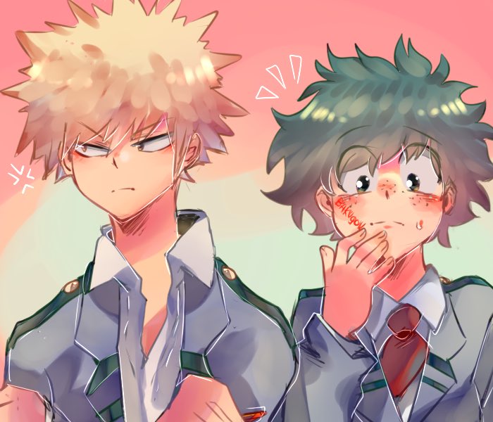 Deku was confused when Bakugou began to randomly write on his face. And as it was happening he could feel what he was writing. And his freckled cheeks began to warm up. When he finished he quietly spoke. 

“K-Kacchan?” He asks confused and embarrassed. 

#openRP #bakudeku