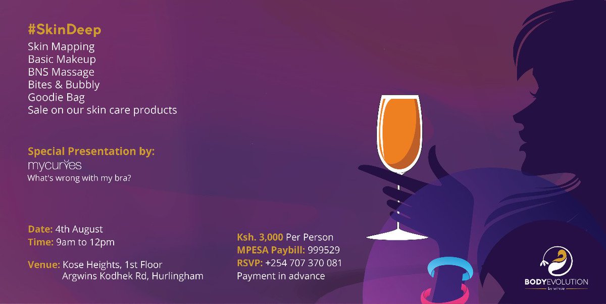 BodyEvolutionKE's tweet image. Join us for a morning of fun, laughter and education as we launch the “Skin Deep” event on 4th August 2018 at our premises.
You'll get Skin Mapping, Basic make up with focus on eye area, BNS Massage, personalized consultation on bras,goodie bag, Bites and a glass of Bubbly/Juice