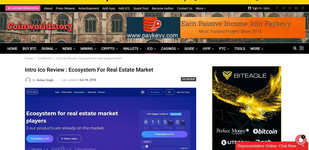 Coinworldstory.com provided a review for #INTROICO
  "NTRO Analytica is used by property developers, banks, market  regulators and business media." More at coinworldstory.com/intro/