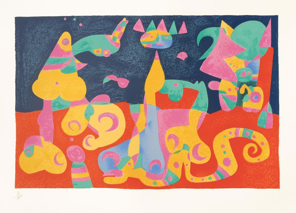 We've had a delivery of fresh new stock this week! This is 'La Revue' by Joan Miró, a 1966 lithograph. It's from Ubu Roi, an edition of 75, but the black key plate has not been printed, leaving only the colour minus defining outlines. Very funky!