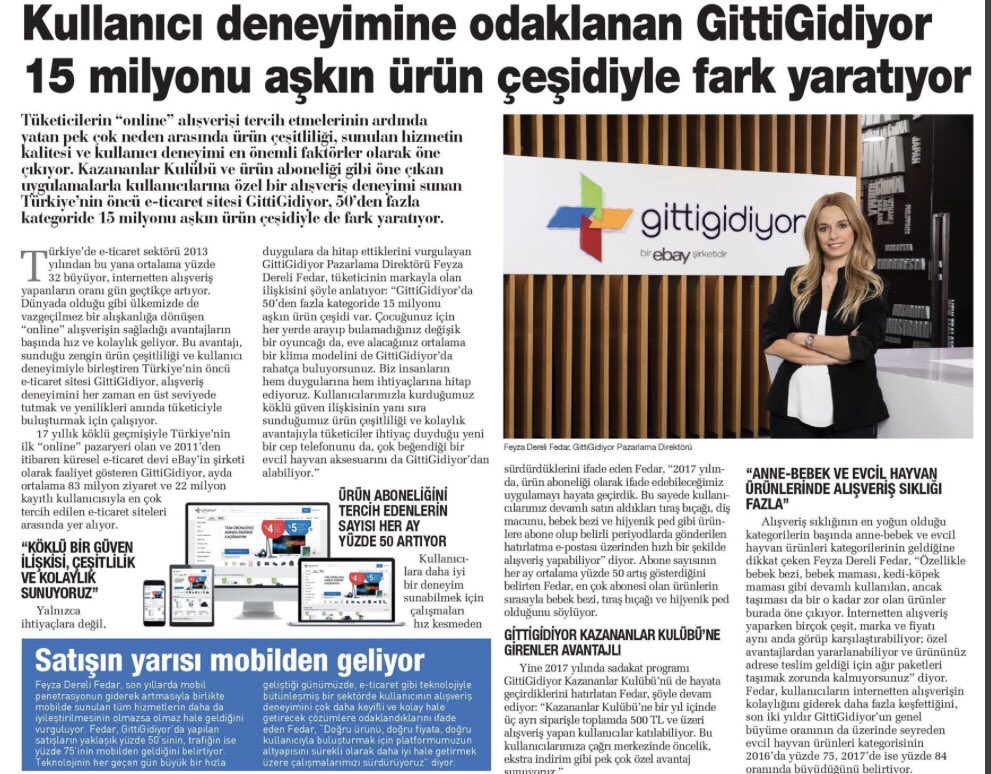 GittiGidiyor 15 Milyonu aşkın ürün çeşidiyle fark yaratıyor! Hürriyet Gazetesi / 28.07.2018