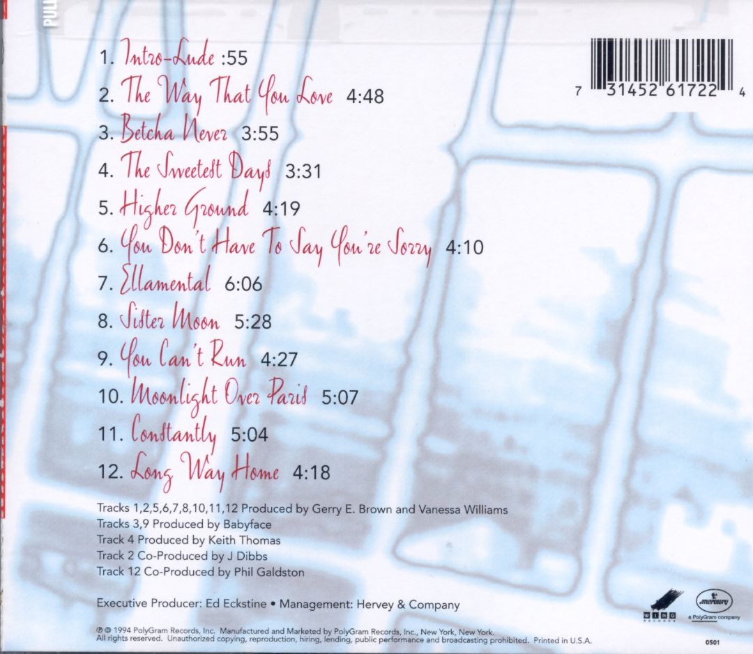 In 1994, Vanessa released her third studio album, & #39;The Sweetest Days& #39; (certified platinum) which boasted a more musically diverse sound than her previous two. The album featured the Babyface-produced tracks, & #39;Betcha Never& #39; and & #39;You Can& #39;t Run& #39;.