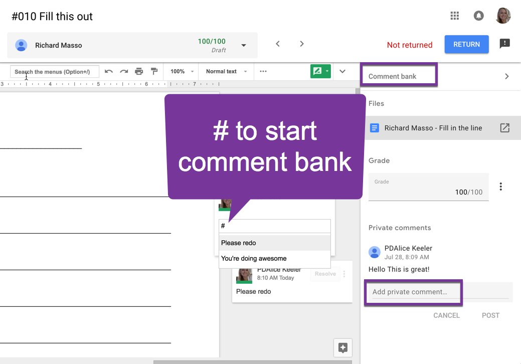 NEW update to #googleClassroom yesterday! Now you can use a comment bank to leave feedback. Use # to start comment bank #googleEDU
