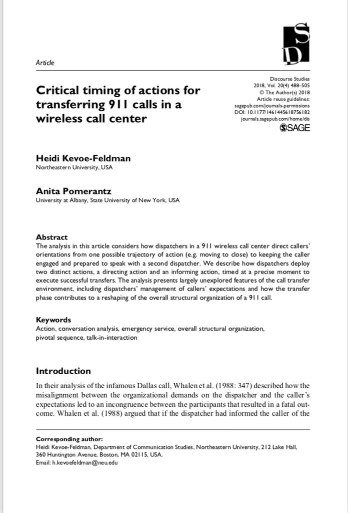 Latest article on 911 Emergency calls. A closer look at how interactional problems are managed when transferring calls in wireless call centers @ConversationAn4 @apom_01 #911dispatchers