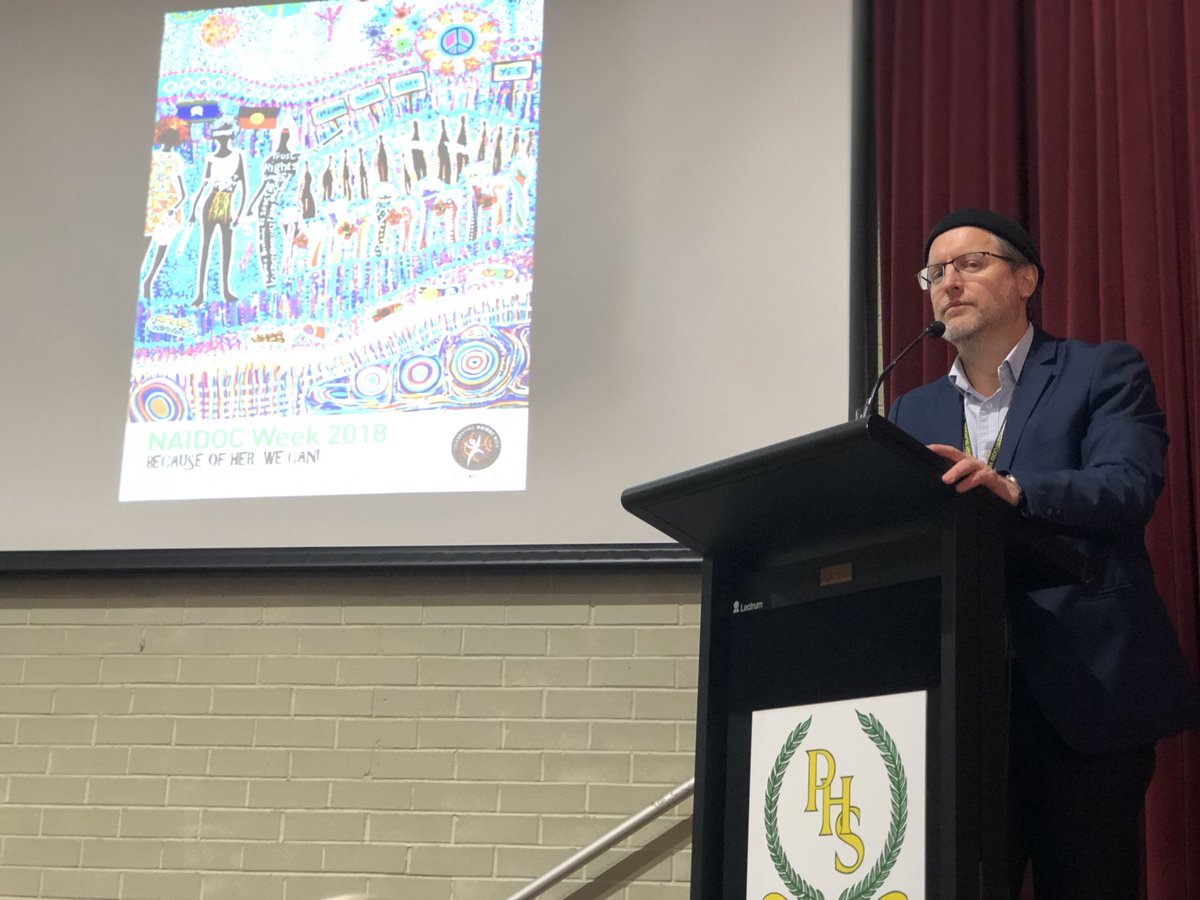 PrairiewoodHigh's tweet photo. An impressive NAIDOC week assembly was held yesterday. Inspirational stories from Ms Page and Dylan #Becauseofherwecan #NAIDOCweek2018 https://t.co/ucaH5YUiul