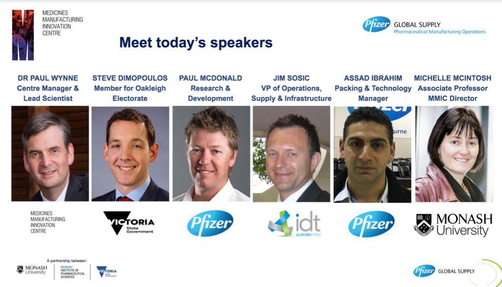 MMIC_Melb's tweet photo. Thank you to our speakers at #Auto2Pharma:
• Steve Dimopoulos MP @Steve_Dimo
• Paul McDonal, R&D #Pfizer
• Jim Sosic, VP Ops, IDT
• Assad Ibrahim, Ex-Ford employee now at Pfizer
• Michelle @McIntosh_AUS. @MIPS_Australia
• Paul Wynne, MC & MMIC Mgr https://t.co/own7sHLCUj https://t.co/0NxDN2bn5A